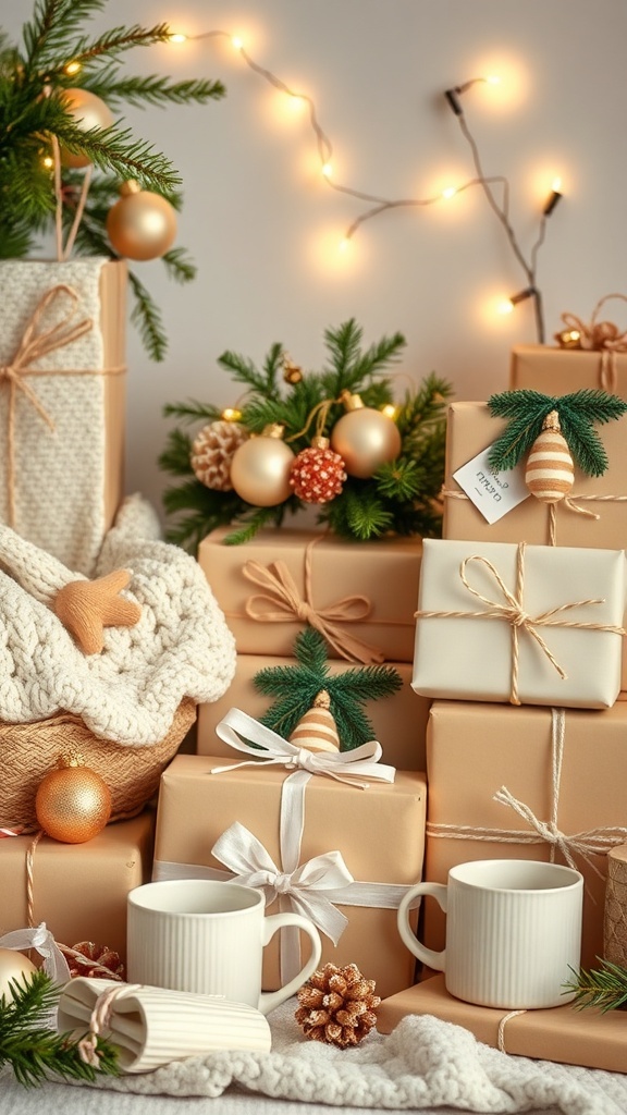 Charming Christmas Aesthetic Gift Ideas Aesthetic Christmas gift display with blankets, ornaments, and mugs surrounded by fairy lights.
